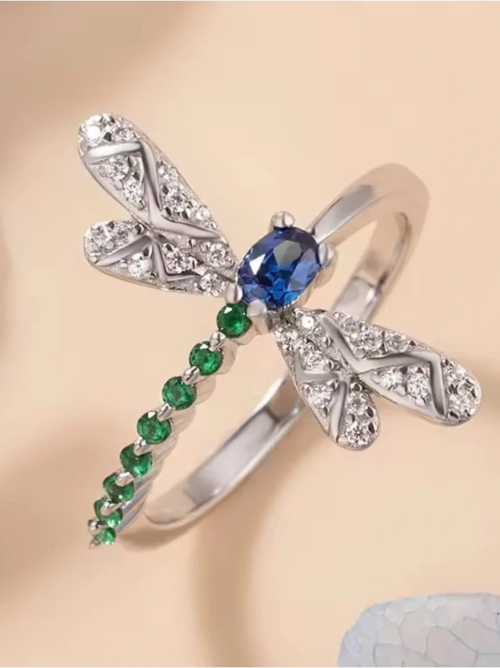 Dragonfly Silver Diamond Crystal Ring